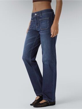NWT Halara Flex™ Mid Rise Straight Leg Washed Casual Jeans Dark Blue